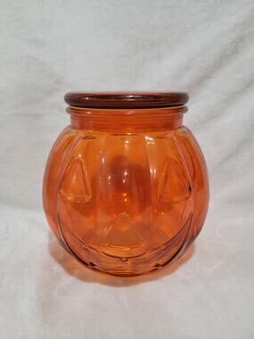 Vintage Halloween Orange Glass Pumpkin Candy Jar Canister w/Lid 7 1/2”